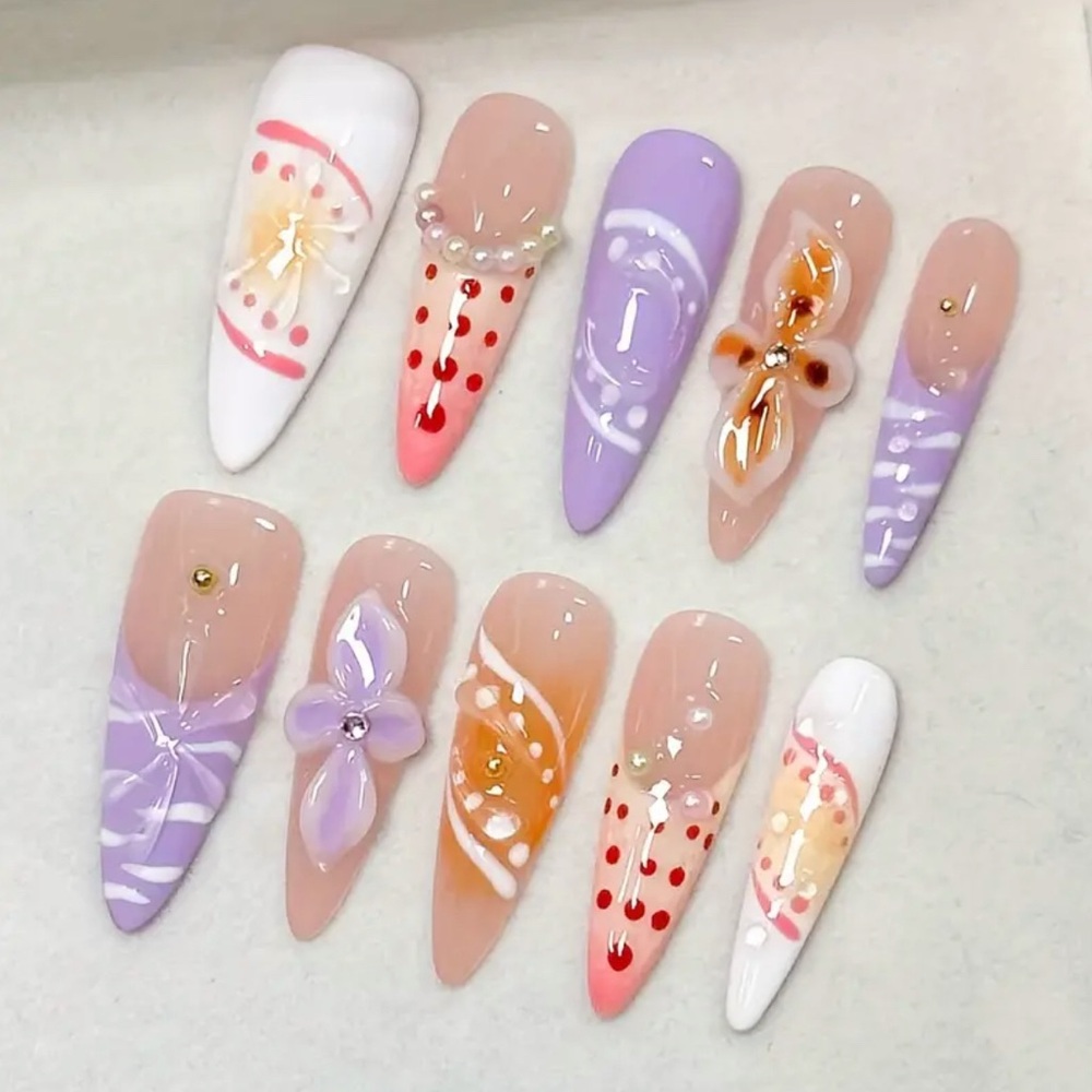 Colorful Handmade Press On Nail Art Set with Floral Designs Long Length 3D NWT